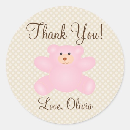 Sticker Rond Merci Pour Venir Baby shower Fille Ours Teddy (Devant)