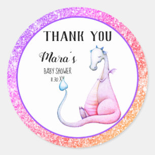 Sticker Rond Merci pourpre de baby shower de dragon de parties