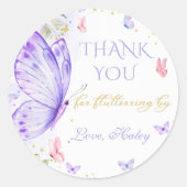 Sticker Rond Merci Purple Papillon Fluttant Par Anniversaire (Devant)
