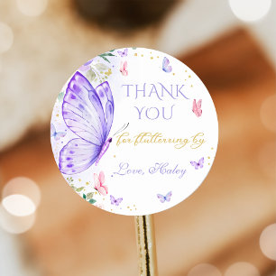 Sticker Rond Merci Purple Papillon Fluttant Par Anniversaire