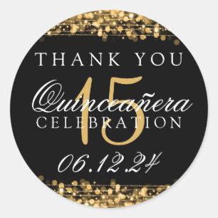 Sticker Rond Merci Quinceanera Anniversaire Fête Étincelles Or