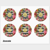 Sticker Rond Merci rayures Roses Fleurs or Parties scintillant  (Feuille)