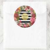 Sticker Rond Merci rayures Roses Fleurs or Parties scintillant  (Sac)