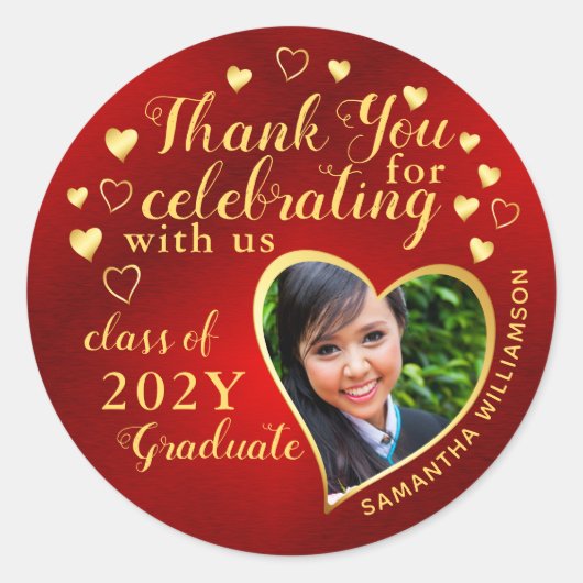 Sticker Rond Merci Red & Gold 2025 Party Graduation Favor (Devant)
