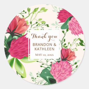 Sticker Rond Merci rose et rouge  Mariage floral