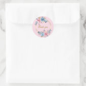 Sticker Rond Merci rose fleuri/baby shower (Sac)
