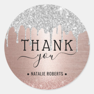 Sticker Rond Merci Rose Gold Argent Moderne Pailleté