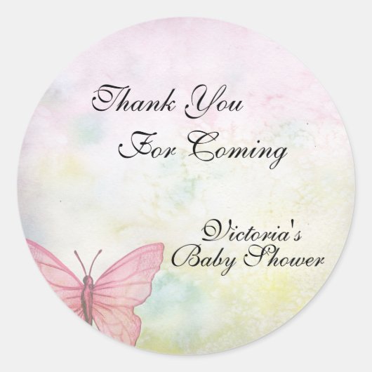 Sticker Rond Merci rose Pastel Butterfly Baby shower (Devant)