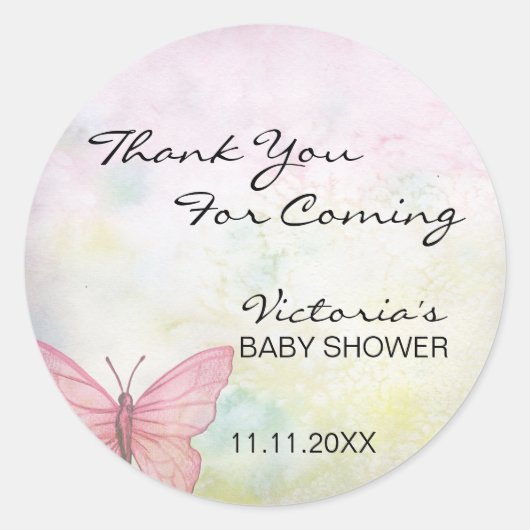 Sticker Rond Merci rose Pastel Butterfly Baby shower (Devant)
