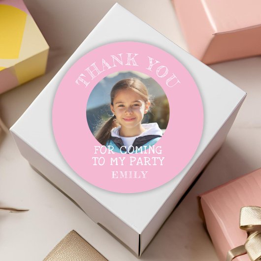 Sticker Rond Merci rose photo d'anniversaire fille