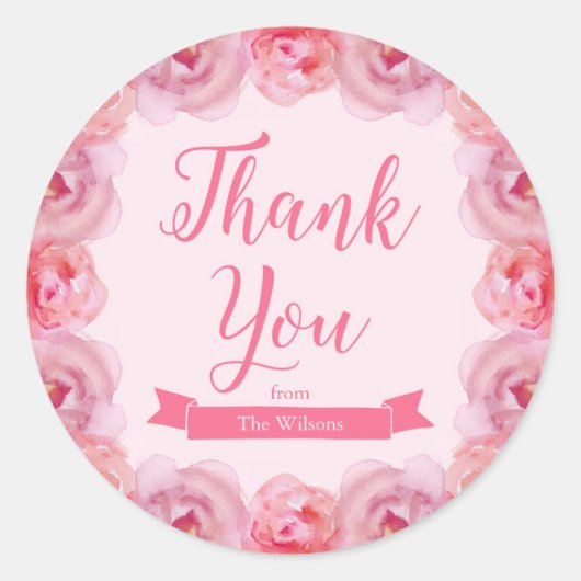 Sticker Rond Merci Rose rose Aquarelle (Devant)