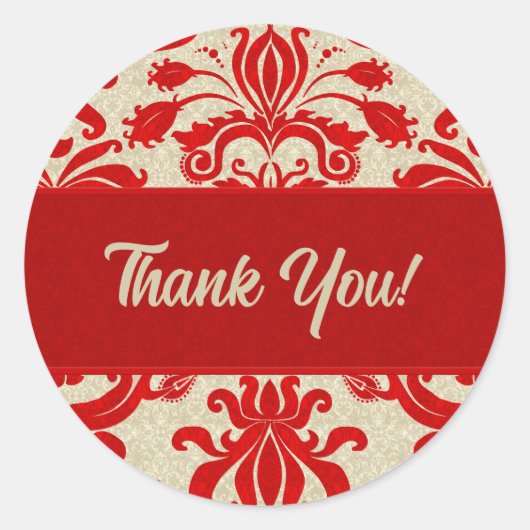 Sticker Rond Merci rouge et goupe Damask (Devant)