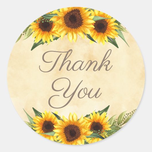 Sticker Rond Merci rustique de tournesol jaune Élégant Script (Devant)