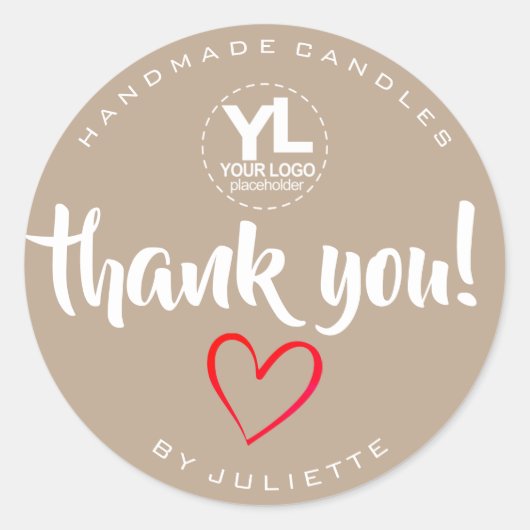 Sticker Rond Merci rustique moderne Coeur rouge Brown naturel (Devant)
