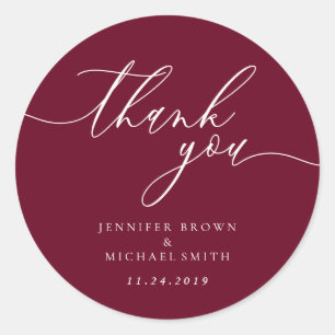 Sticker Rond Merci script bourgogne simple noms date