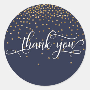 Sticker Rond Merci Script, Gold Confetti sur Midnight Blue