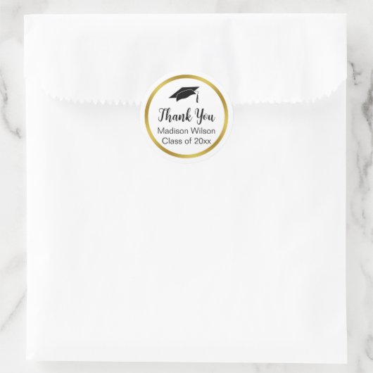 Sticker Rond Merci Script Graduation Black White Gold (Sac)