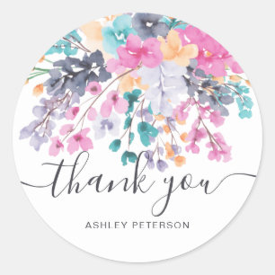 Sticker Rond Merci script séché floral sauvage aquarelle