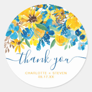 Sticker Rond Merci script tournesols jaunes rustiques bleus