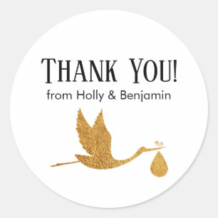 Sticker Rond Merci simple Faux Gold Stork ! Baby shower