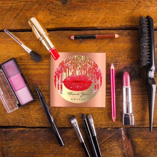 Sticker Rond Merci Small Business Name Gold Red Lips