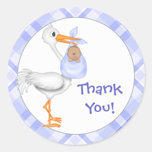 Sticker Rond Merci Stork & Baby Boy (peau foncée) (Devant)