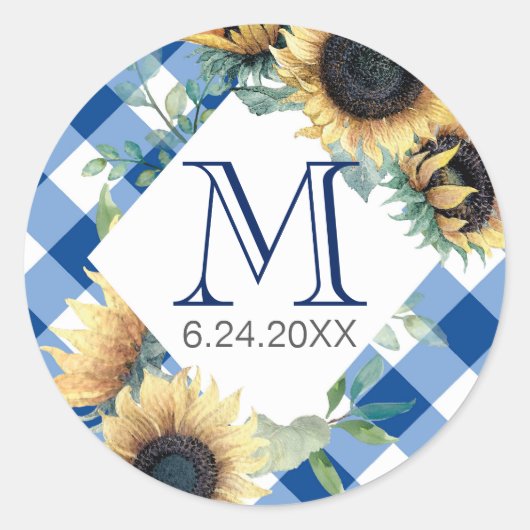 Sticker Rond Merci Sunflower Gingham Bleu (Devant)