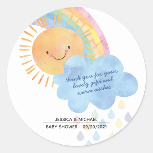 Sticker Rond Merci Sunshine Rainbow Baby shower (Devant)