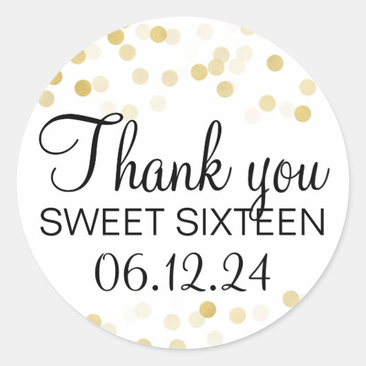 Sticker Rond Merci Sweet 16 Faux Gold Foil Parties scintillant (Devant)
