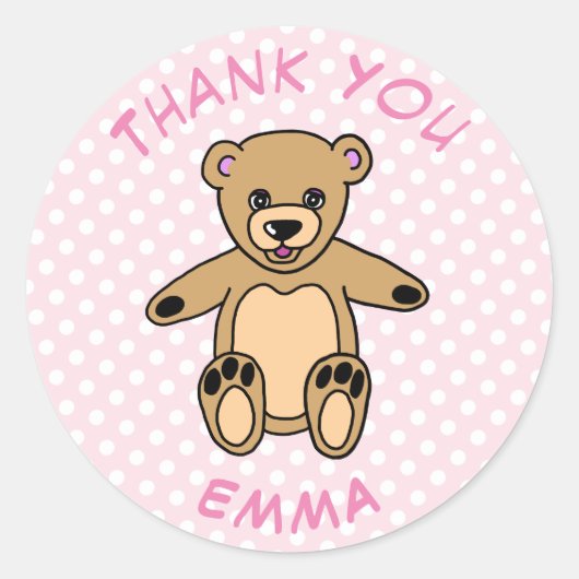 Sticker Rond Merci Teddy Bear Nom Points Rose (Devant)