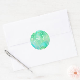 Sticker Rond Merci tendance bleu vert et jaune aquarelle