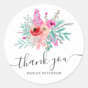 Sticker Rond Merci tendance bouquet floral rose