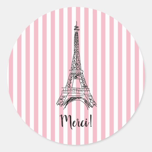 Sticker Rond Merci Tour Eiffel Paris Bande rose (Devant)