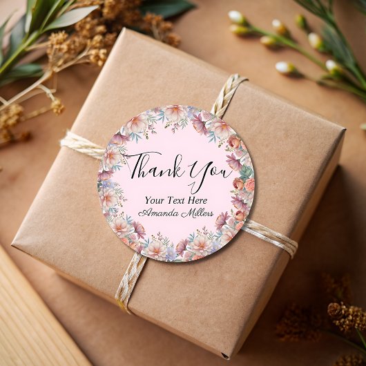 Sticker Rond Merci typographie floral rose blush classique