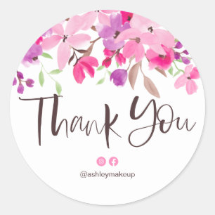 Sticker Rond Merci typographie rose rose floral aquarelle