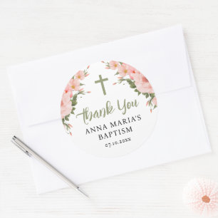 Sticker Rond Merci Vert Fleurs Roses Fille Baptême