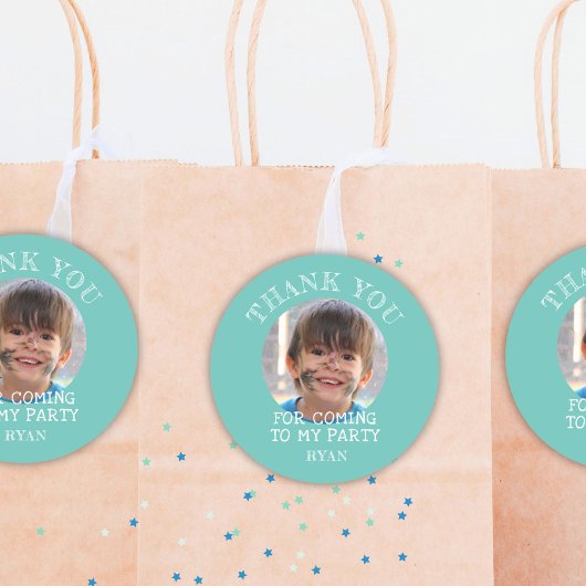 Sticker Rond Merci vert photo d'anniversaire du garçon