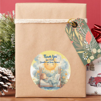 Sticker Rond Merci VIENT ICI le Baby shower FILS