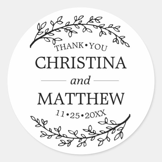 Sticker Rond Merci White Black Laurel Branches Mariage (Devant)