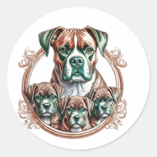 Sticker Rond Mère Boxer et ses 3 chiots (Devant)