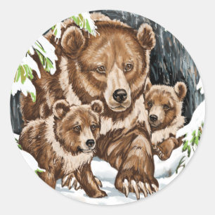 Sticker Rond Mère et CUB d'ours gris en hiver