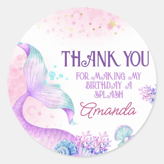 Sticker Rond Mermaid Anniversaire Merci de fête Favoriser (Devant)