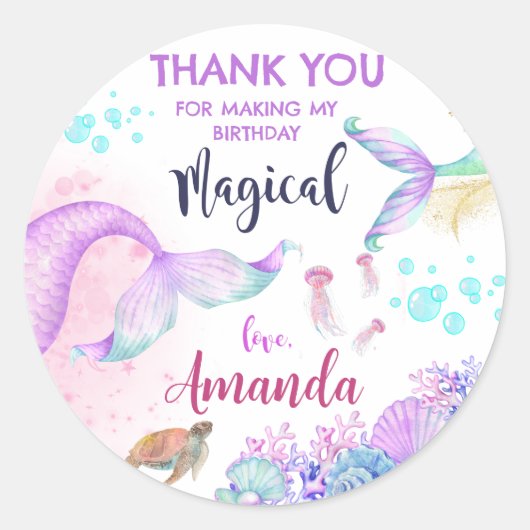 Sticker Rond Mermaid Anniversaire Merci de fête Favoriser (Devant)