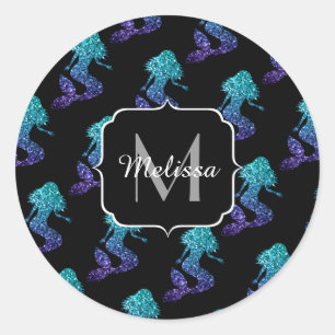 Sticker Rond Mermaid aqua bleu ombre motif Monogramme