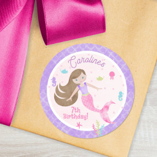 Sticker Rond Mermaid Brown Cheveux Mer Créatures Violet Anniver