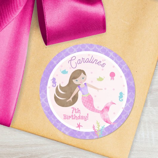 Sticker Rond Mermaid Brown Cheveux Mer Créatures Violet Anniver