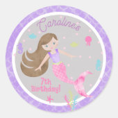 Sticker Rond Mermaid Brown Cheveux Mer Créatures Violet Anniver (Devant)