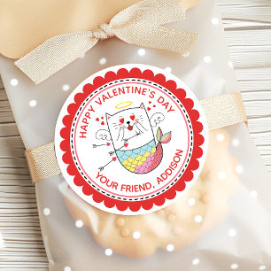 Sticker Rond Mermaid Chat Cute Valentine personnalisée