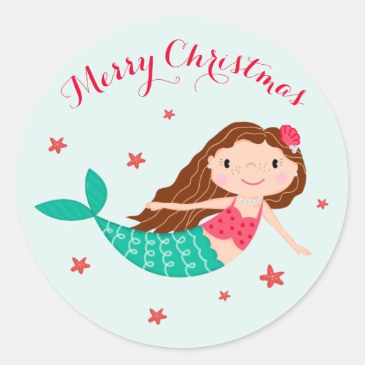 Sticker Rond Mermaid Christmas Red Aqua (Devant)