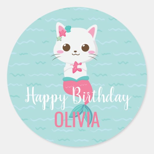 Sticker Rond Mermaid Kitty fête d'anniversaire (Devant)